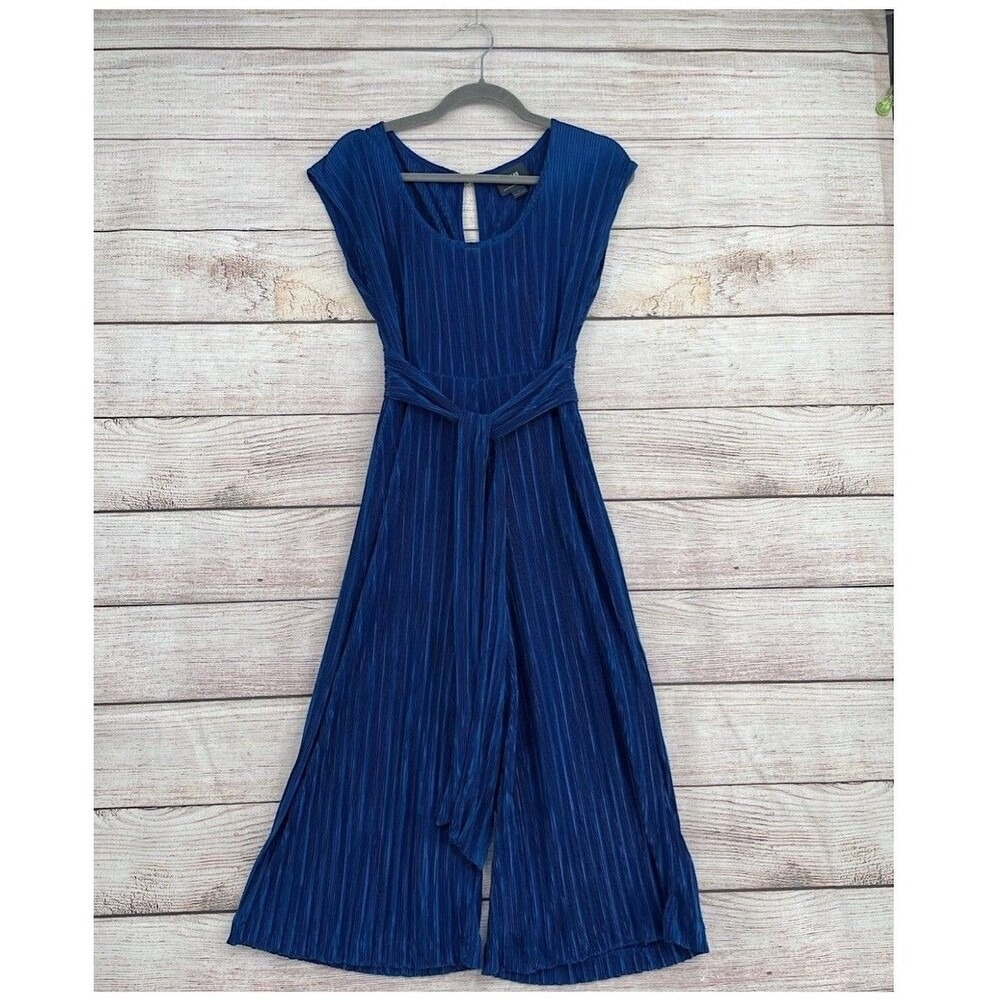 Anthropologie‎ Maeve Sonata Wide Leg Jumpsuit Womens Sz 0 Blue Belted Sleeveless
